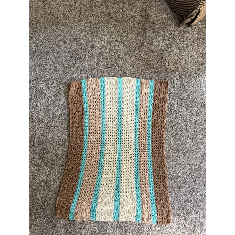 Handmade Crochet Striped Afghan Blanket Throw Brown Turquoise Cream
